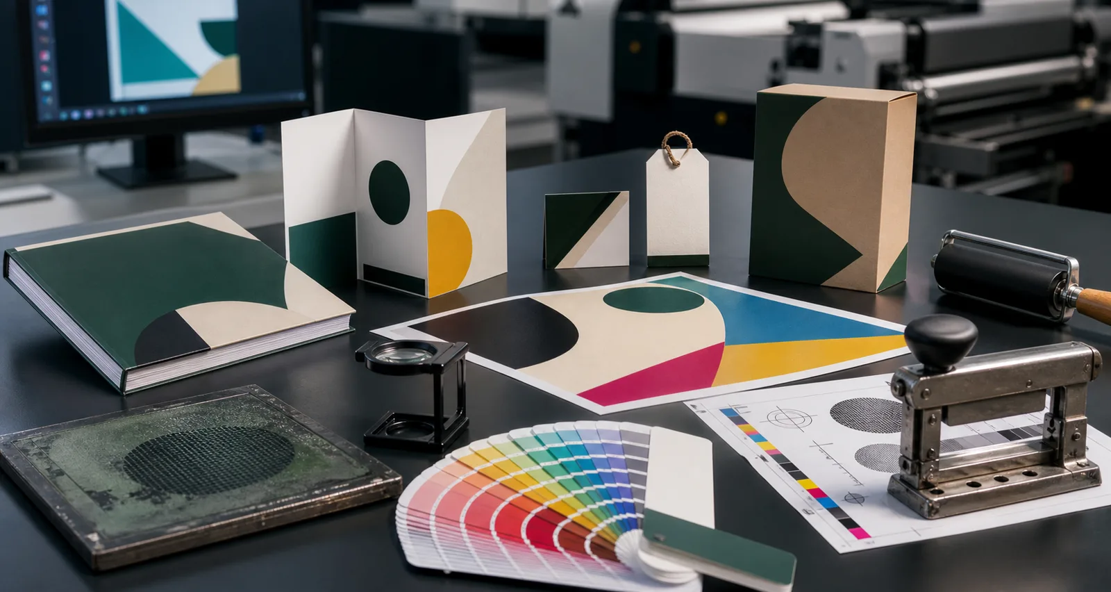 Mesa de producción con impresos, empaque, guía de color y herramientas gráficas