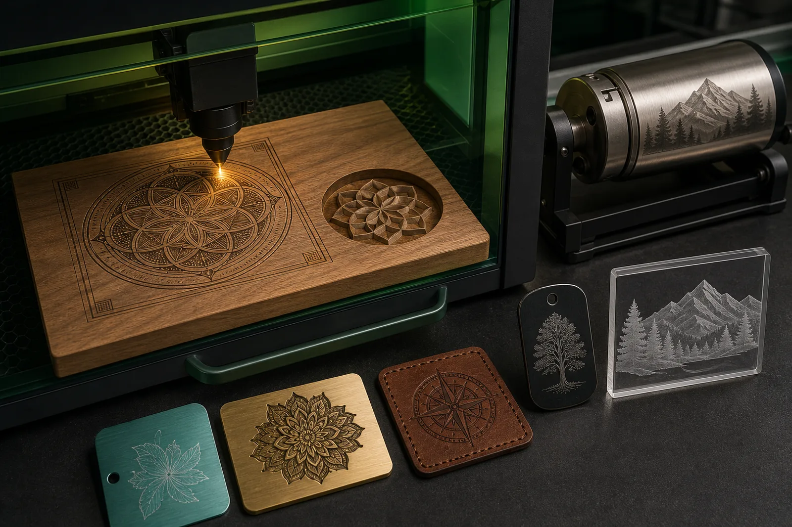 Máquina láser grabando madera junto a muestras de metal, acrílico, cuero y relieve