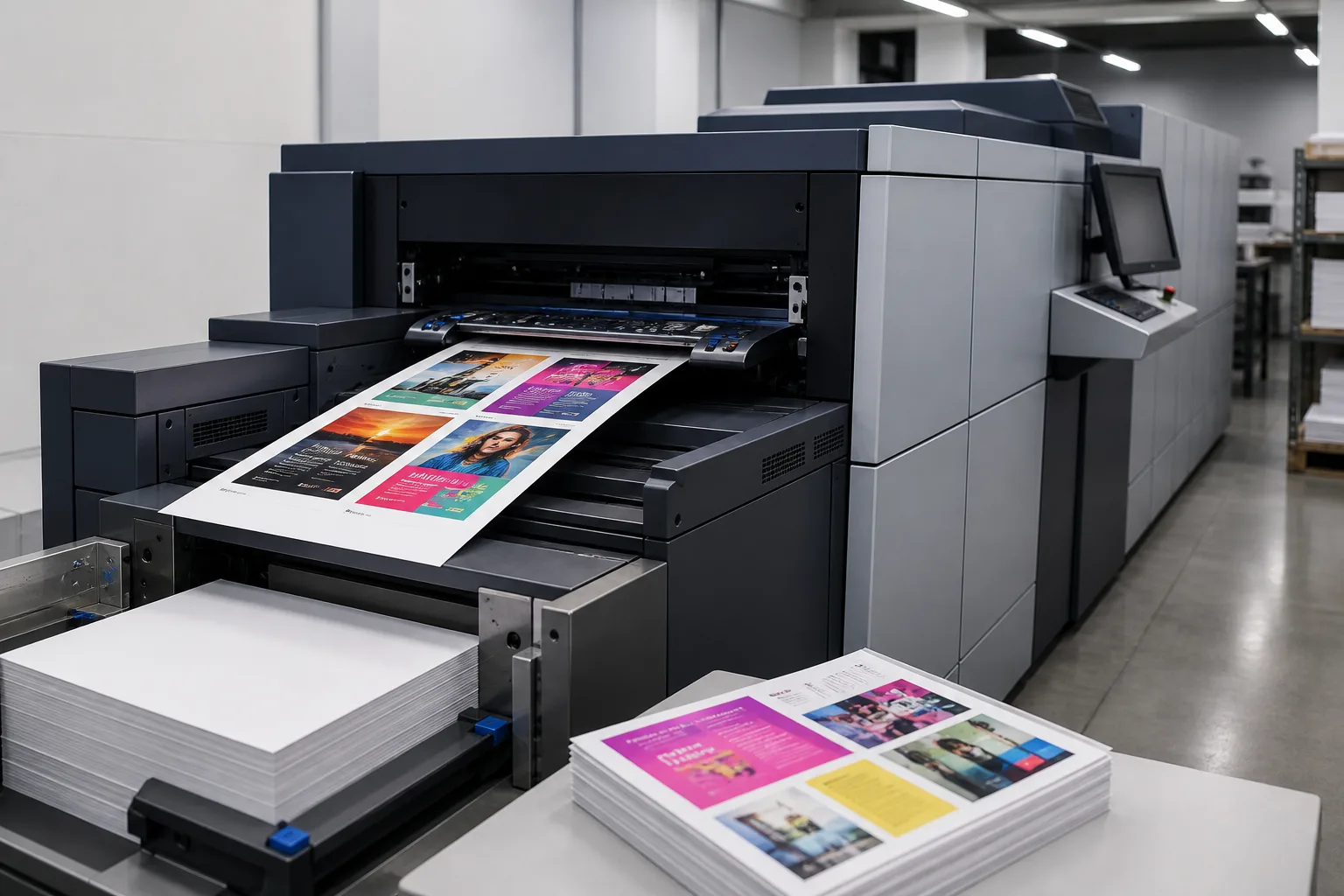 Prensa digital de producción imprimiendo material comercial