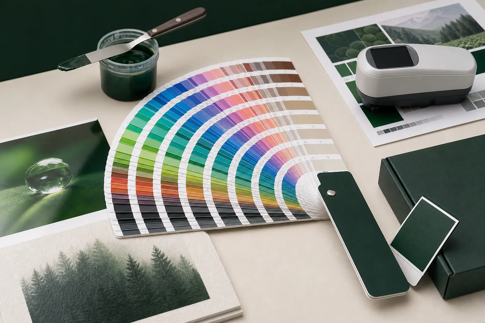 Guía física de colores con tinta, papeles y equipo de medición