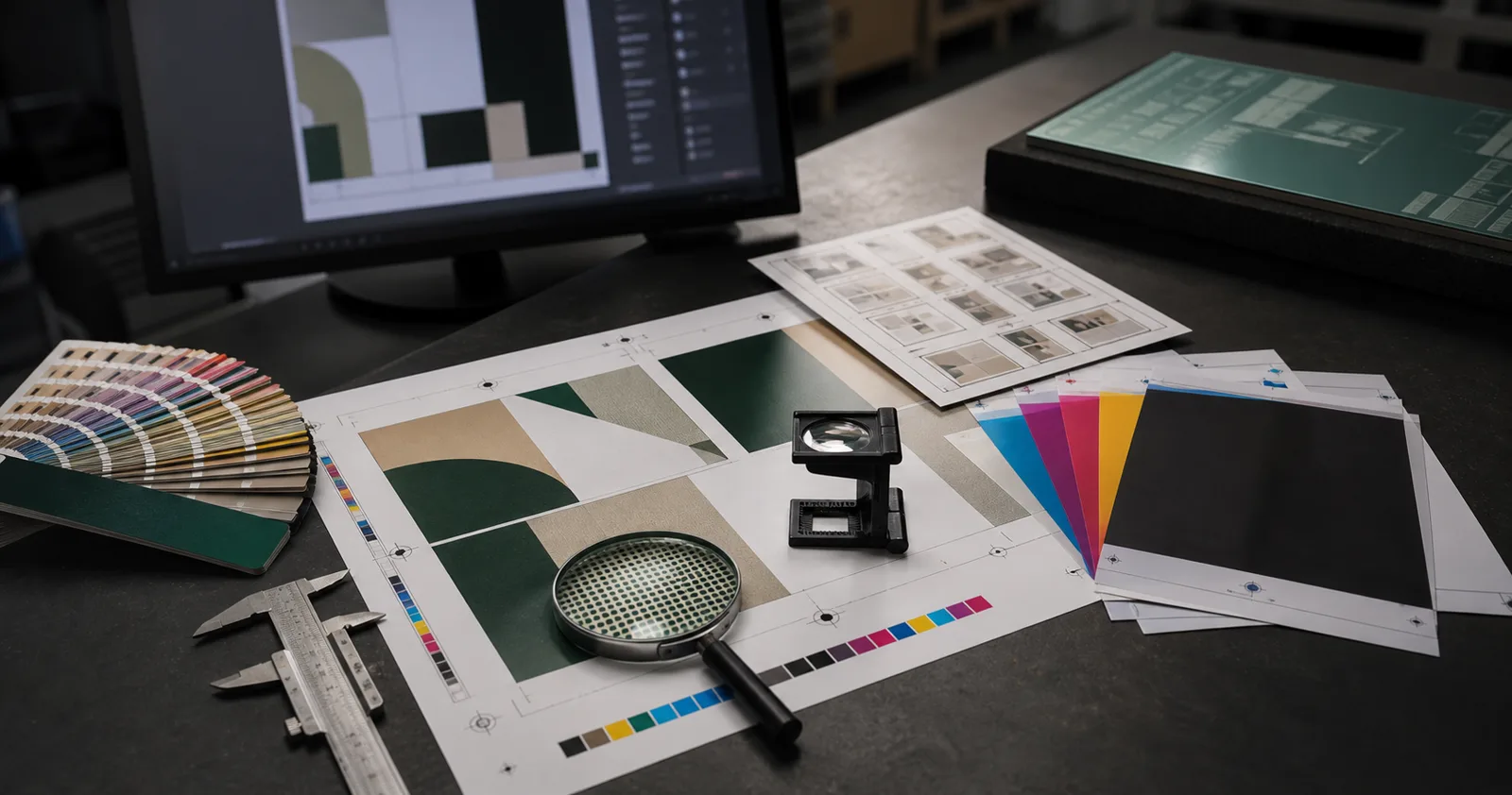 Prueba de preprensa con imposición, separaciones CMYK, lupa y marcas de registro