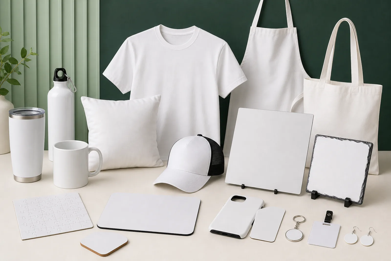 Variedad de productos en blanco preparados para sublimación