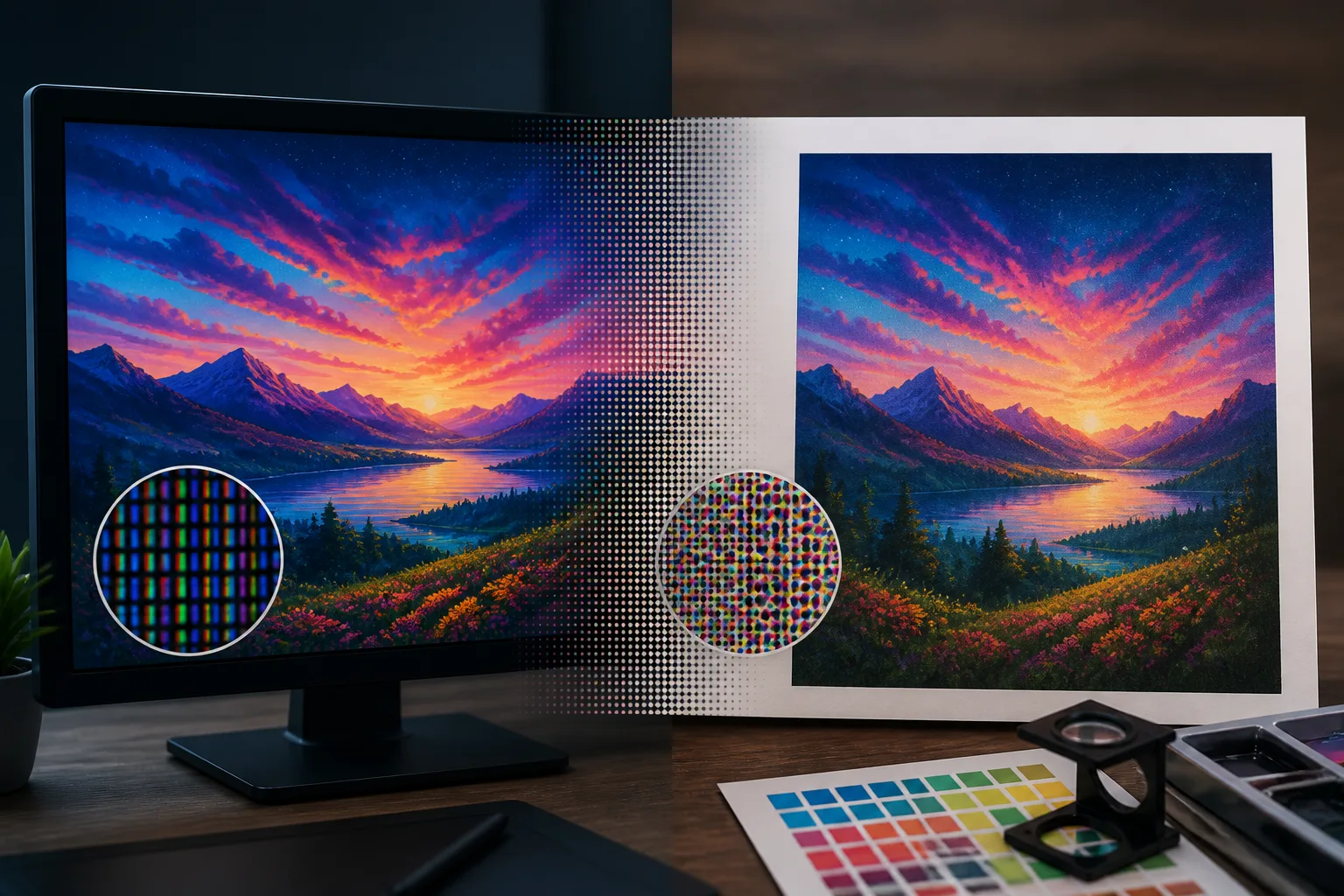 Comparación entre una pantalla RGB y una impresión CMYK