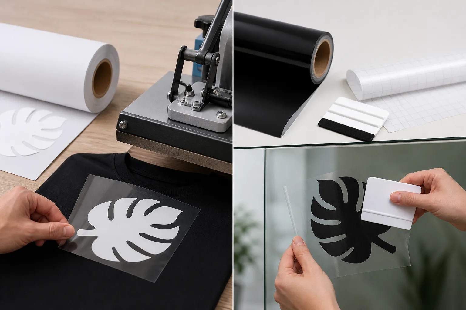 Comparación visual de vinil textil y vinil adhesivo
