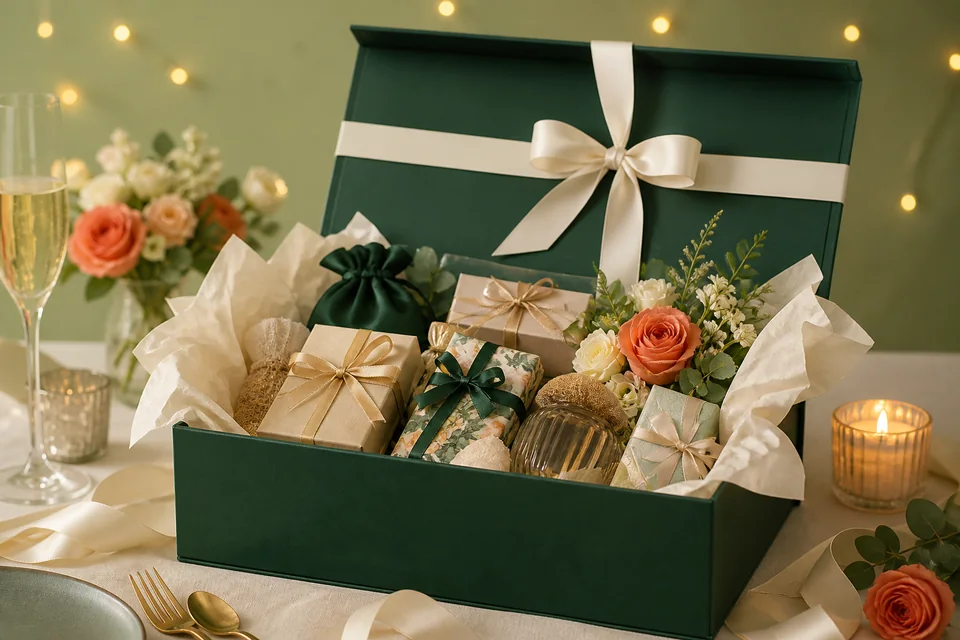Caja sorpresa personalizada con regalos y flores