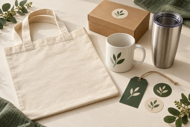 Composición ilustrativa generada con IA de un kit con taza, termo, bolsa de algodón, caja, tarjeta y stickers