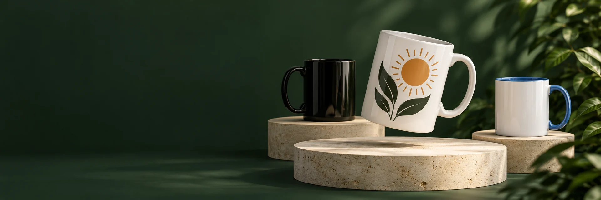 Composición ilustrativa de tazas personalizadas sobre pedestales