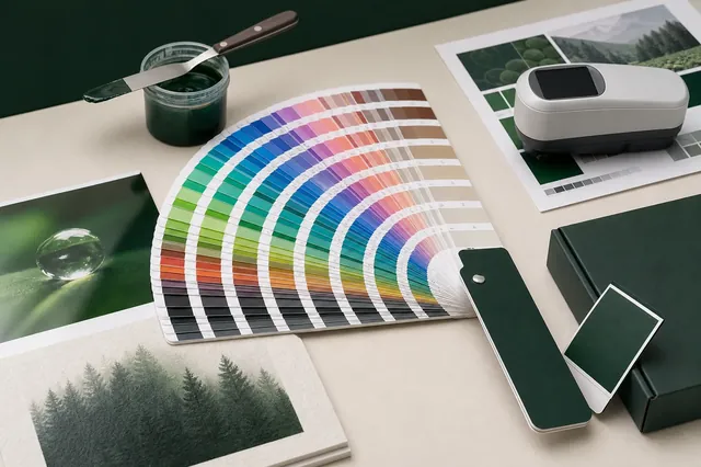 Guía física de colores con tinta, papeles y equipo de medición