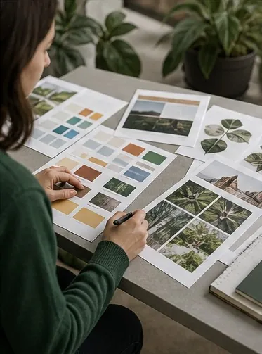 Mesa de diseño gráfico con muestras de color