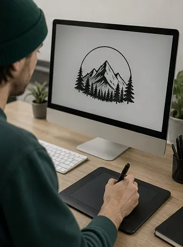 Diseñador vectorizando un logotipo con tableta gráfica